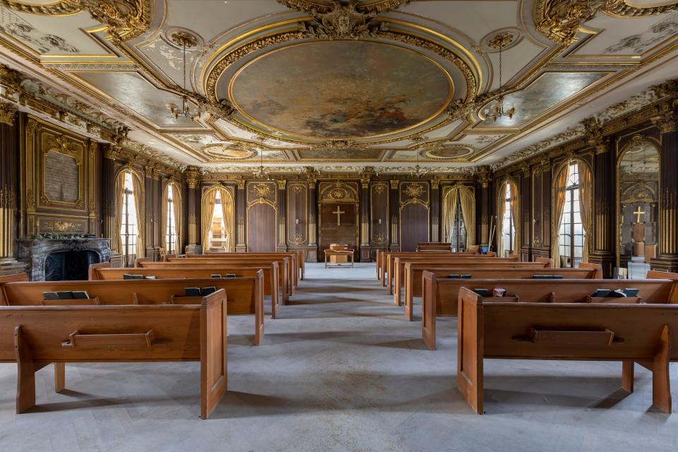 When this picture was taken in 2019, the ballroom still had church pews.