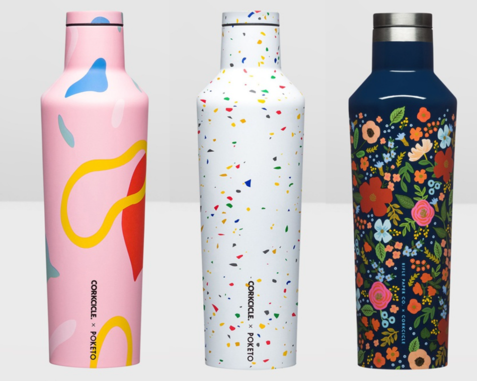 set of three printed Corkcicle reusable drink bottles