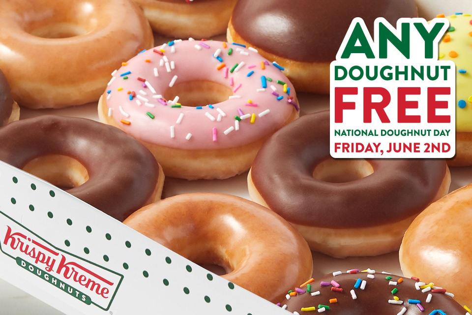 On National Donut Day at Krispy Kreme you can get a free doughnut of any kind, no purchase necessary. Also buy any dozen donuts at regular price and get a dozen original glazed donuts for $2.