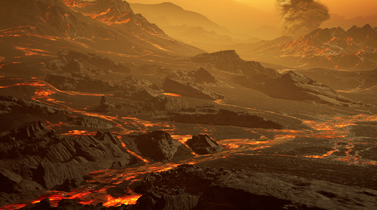 Representación artística de la superficie del planeta Su (Gliese 486b) a unos 430 °C, con un un paisaje similar al de Venus pero atravesado por flujos de lava resplandecientes. <a href="https://www.mpia.de/aktuelles/wissenschaft/2021-05-gliese486b" rel="nofollow noopener" target="_blank" data-ylk="slk:© RenderArea/CARMENES/Caballero;elm:context_link;itc:0;sec:content-canvas" class="link ">© RenderArea/CARMENES/Caballero</a>, <a href="http://creativecommons.org/licenses/by-sa/4.0/" rel="nofollow noopener" target="_blank" data-ylk="slk:CC BY-SA;elm:context_link;itc:0;sec:content-canvas" class="link ">CC BY-SA</a>