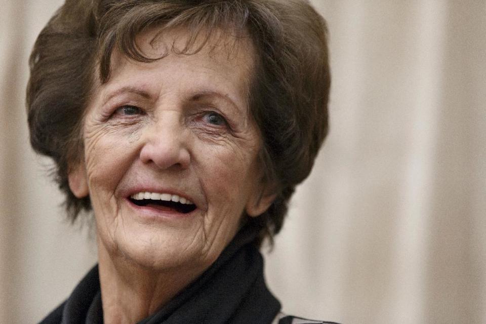 Philomena Lee, an Irish woman whose search for the son that she gave up for adoption in the 1950’s, and is now a Hollywood film, meets with Sen. Claire McCaskill, D-Mo. on Capitol Hill in Washington, Thursday, Jan. 30, 2014. With her life story now the subject of an Oscar-nominated film, Philomena Lee is calling for government reforms, in Ireland and the U.S., that would grant adopted people access to adoption files. (AP Photo)