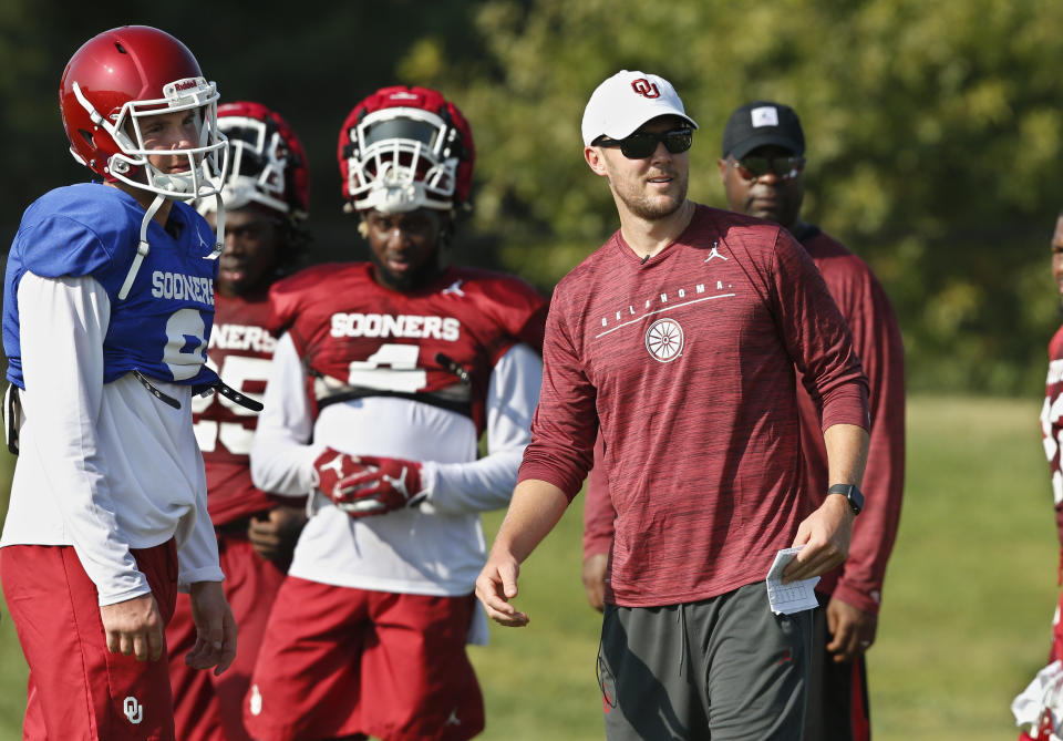 Oklahoma head coach Lincoln Riley during an NCAA college football practice in Norman, Okla., Monday, Aug. 5, 2019. (AP Photo/Sue Ogrocki)