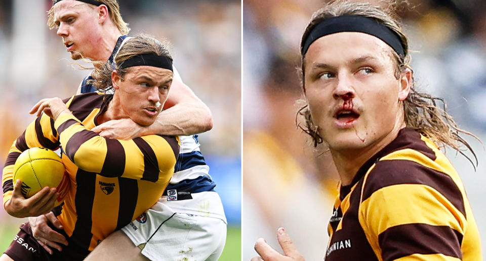 Hawthorn star Jack Ginnivan had a couple of high tackles waved away by umpires against Geelong in scenes that angered AFL viewers. Pic: Getty/AAP