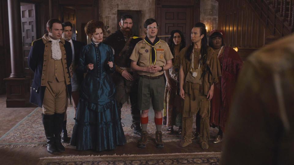 The ghosts of "Ghosts": Brandon Scott Jones as Isaac, a revolutionary war officer, Asher Grodman as Trevor a 1990s finance bro, Rebecca Wisocky as Hetty, a Gilded Age socialite, Devan Chandler Long as Thorfinn, a viking, Richie Moriarty as Pete, a dad from the 1980s, Sheila Carrasco as Flower, a hippie from the 1970s, Roman Zaragoza as Sasappis, a member of the Lenape nation fro mthe 1500s, and Danielle Pinnock as Alberta, a jazz singer from the 1920s.