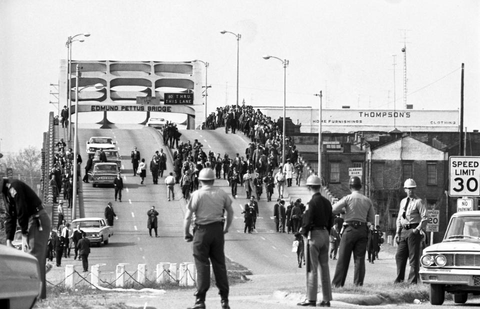 Demonstrators march across the Edmund Pettus Bridge in Selma, Alabama, on March 9, 1965, just two days after the violent backlash by law enforcement known as "Bloody Sunday." (Photo: Bettmann/Getty Images)