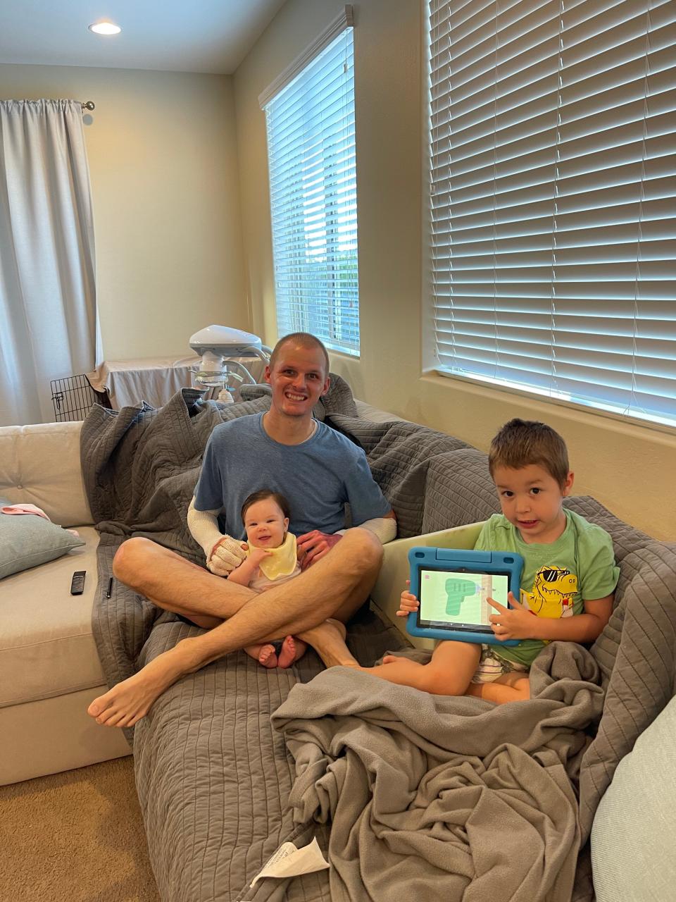 Dillon Ryan recovering at home with daughter Layla and son Carson.