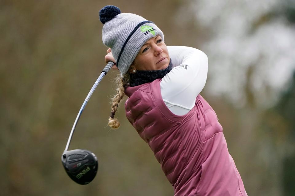 Amy Olson hits off the second tee during the final round of the U.S. Women's Open golf tournament, Monday, Dec. 14, 2020, in Houston. (AP Photo/Eric Gay)