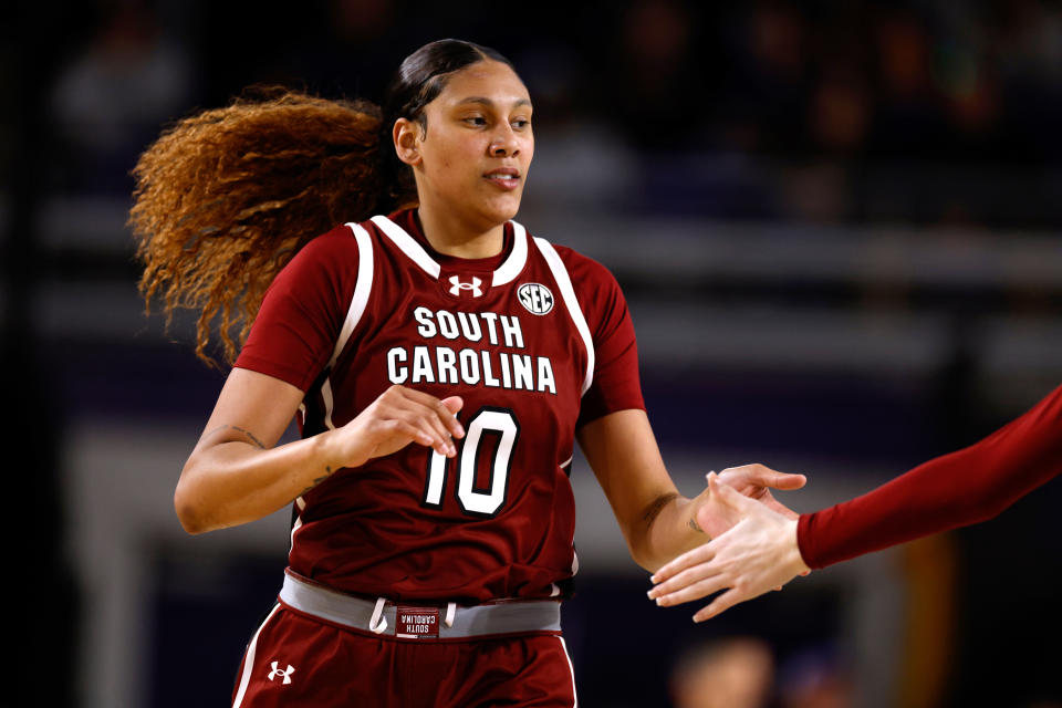 South Carolina's Kamilla Cardoso is averaging a double-double for the Gamecocks. (Photo by Lance King/Getty Images)