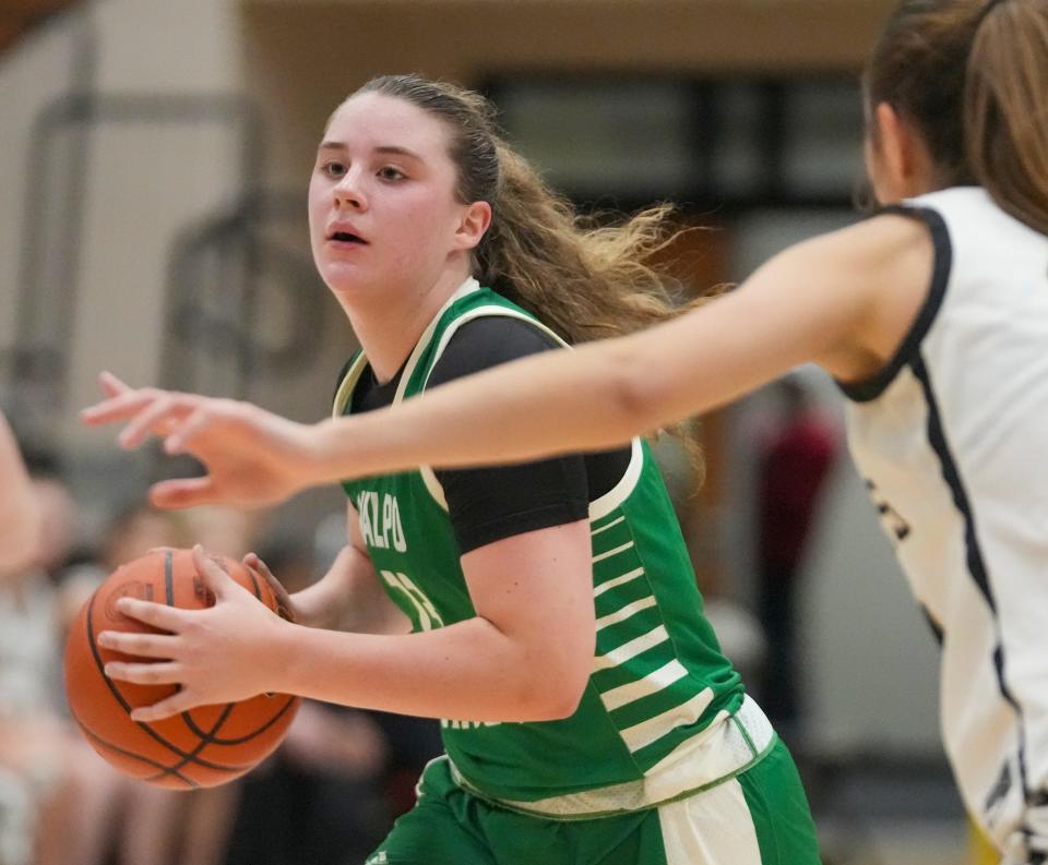 Valparaiso High School's Lillian Barnes (23) works a possession against Noblesville High School at Noblesville High School, Dec 28, 2023. Noblesville won 65-56.