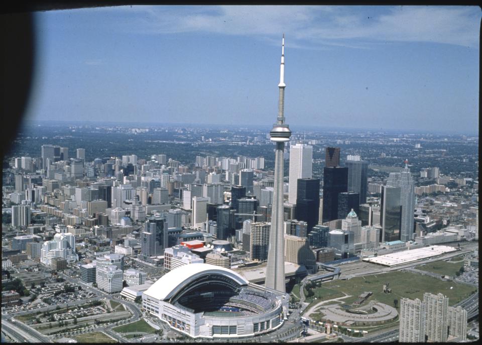 An aerial view of the Toronto Skydome with the roof open during an American League game at the Skydome circa the 1990's in Toronto. (Photo By MLB Photos via Getty images)