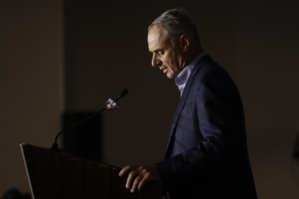 Commissioner Rob Manfred speaks during the Major League Baseball winter meetings Wednesday, Dec. 11, 2019, in San Diego. (AP Photo/Gregory Bull)