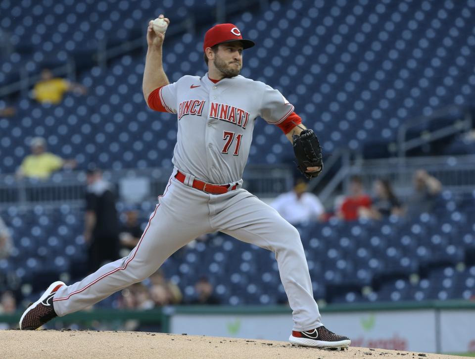 May 12, 2022; Pittsburgh, Pennsylvania, USA; Cincinnati Reds starting pitcher Connor Overton (71) throws a pitch against the Pittsburgh Pirates during the first inning at PNC Park. Mandatory Credit: Charles LeClaire-USA TODAY Sports