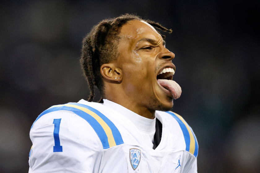 UCLA quarterback Dorian Thompson-Robinson celebrates after a fourth-quarter touchdown Oct. 16, 2021.