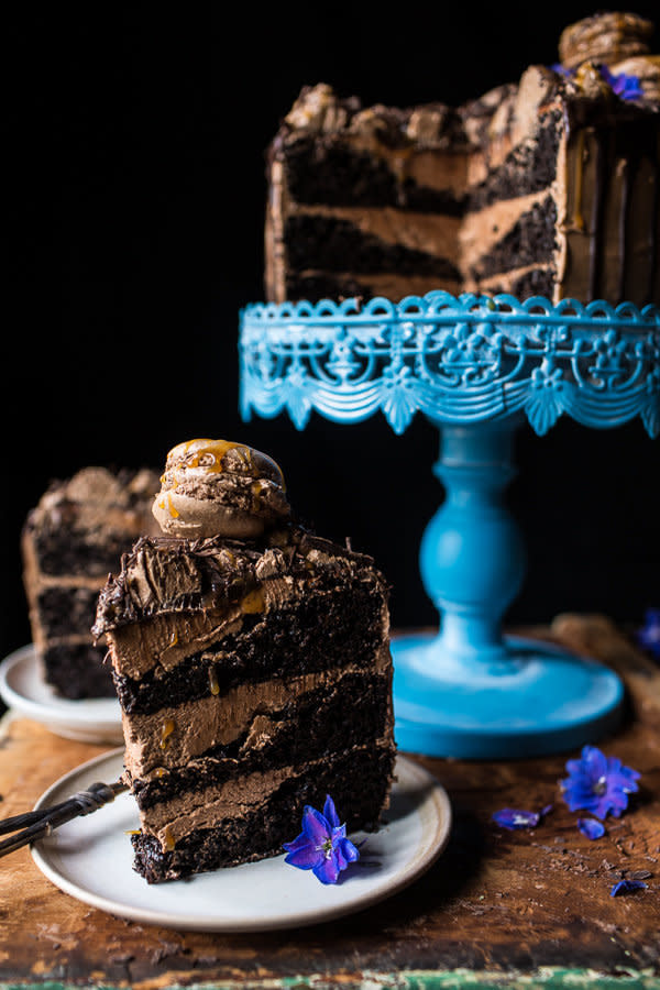 <strong>Get the <a href="http://www.halfbakedharvest.com/chocolate-bourbon-caramel-macaron-cake-to-celebrate-my-little-kind-of-big-secret/" target="_blank">Chocolate Bourbon Caramel Macaron Cake recipe</a> from Half Baked Harvest</strong>