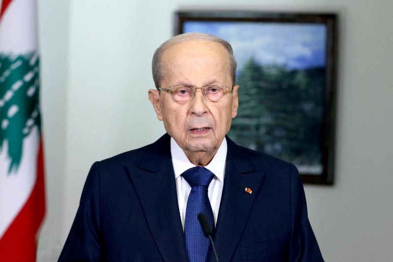 FILE PHOTO: Lebanon's President Michel Aoun addresses the nation from the presidential palace in Baabda