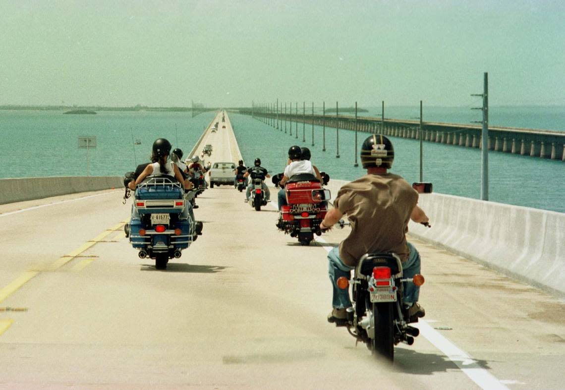 Motorcycles cross the bridge during the annual Florida Keys Poker Run.