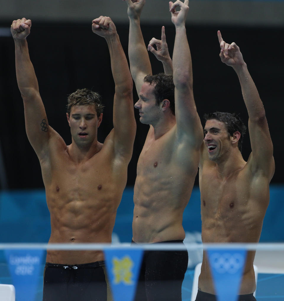 Michael Phelps, USA, with team mates Matthew Grevers, Brendan Hansen and Nathan Adrian winning the Gold Medal in the Men's 4 x 100m Medley Relay at the Aquatic Centre at Olympic Park, Stratford during the London 2012 Olympic games, London Olympics. London, UK. 4th August 2012. Photo Tim Clayton (Photo by Tim Clayton/Corbis via Getty Images)