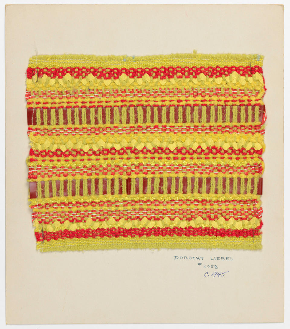 Sample card, ca. 1945; Designed by Dorothy Wright Liebes (American, 1897–1972); Plain-woven cotton, viscose rayon, silk, imitation leather (styrene/butyl methacrylate), zein-coated cotton woven tape;