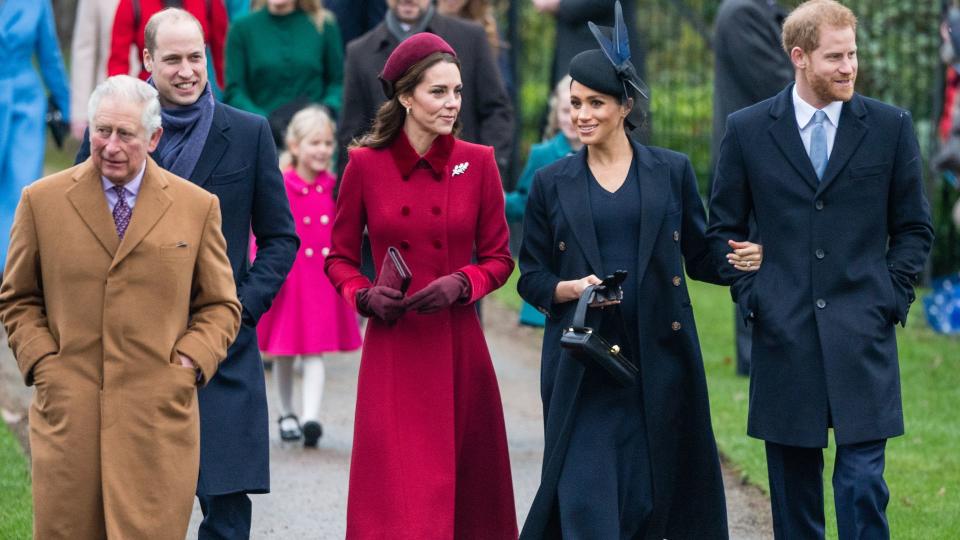 Prince Charles, Prince of Wales, Prince William, Duke of Cambridge, Catherine, Duchess of Cambridge, Meghan, Duchess of Sussex and Prince Harry, Duke of Sussex attend Christmas Day Church service on December 25, 2018