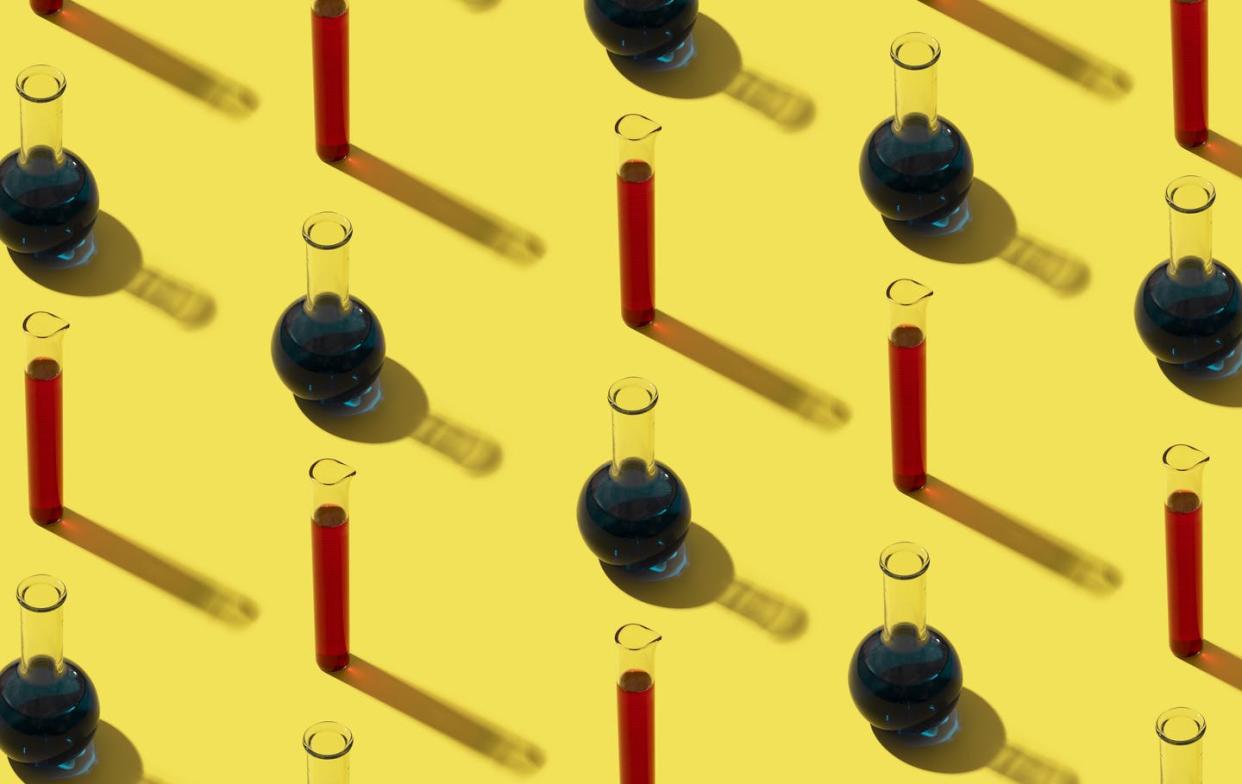 <span class="caption">Many catalysts currently used to make many drugs are expensive and can produce toxic byproducts. </span> <span class="attribution"><a class="link " href="https://www.gettyimages.com/detail/photo/row-of-test-tubes-with-liquid-yellow-background-royalty-free-image/1057217750?adppopup=true" rel="nofollow noopener" target="_blank" data-ylk="slk:Westend61 via Getty Images;elm:context_link;itc:0;sec:content-canvas"> Westend61 via Getty Images</a></span>