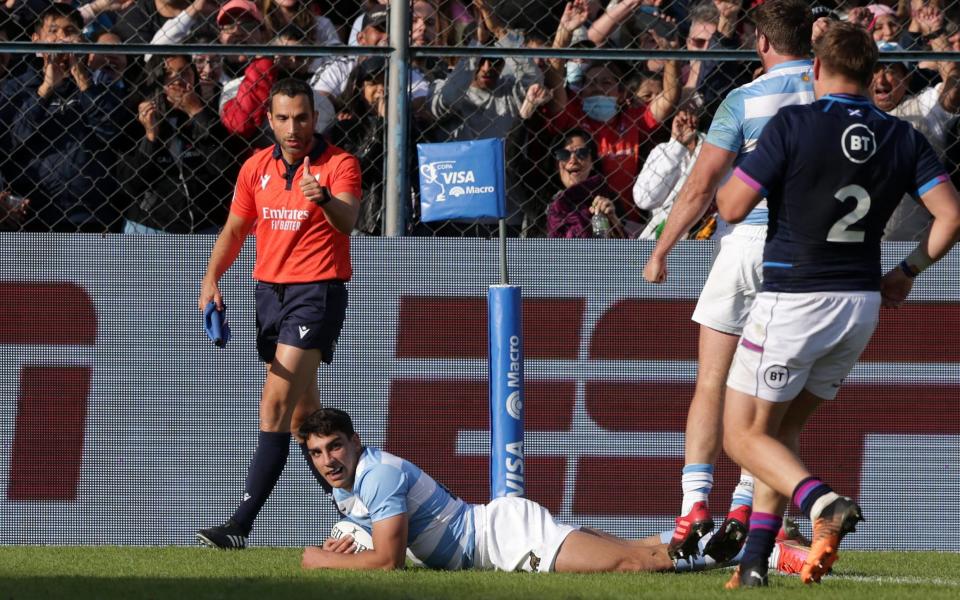 Santiago Carreras of Argentina smiles after scoring a try of his team during a test match between Argentina and Scotland at Estadio 23 de Agosto on July 2, 2022 in Jujuy, Argentina. - GETTY IMAGES