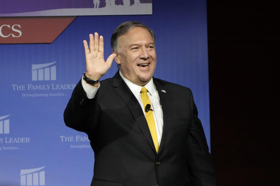 Former Secretary of State Mike Pompeo walks off stage after speaking at the Family Leadership Summit, Friday, July 16, 2021, in Des Moines, Iowa. (AP Photo/Charlie Neibergall)