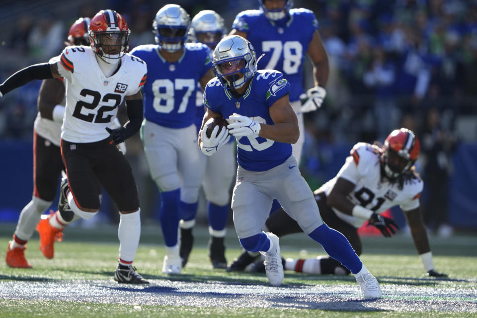 Seattle Seahawks running back Zach Charbonnet (26) carries in the first half of an NFL football game against the Cleveland Browns, Sunday, Oct. 29, 2023, in Seattle. (AP Photo/Lindsey Wasson)