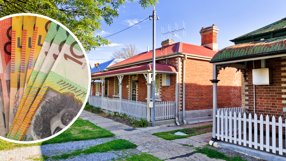 Australian money notes. Australian houses on street.