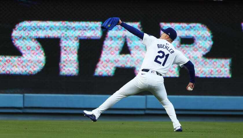 Los Angeles, CA - May 06:Los Angeles Dodger pitcher Walker Buehler warms up.