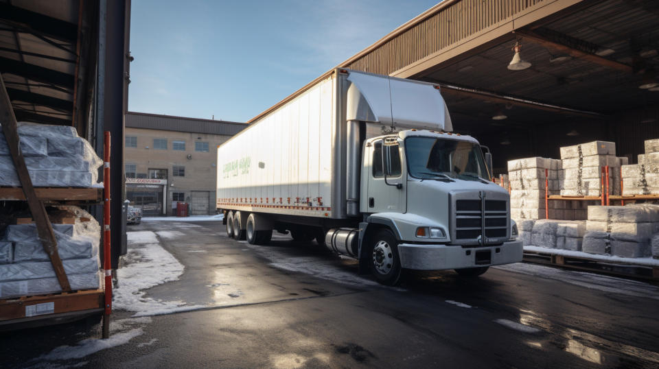 A loading dock filled with dry goods and frozen food being loaded onto a truck.