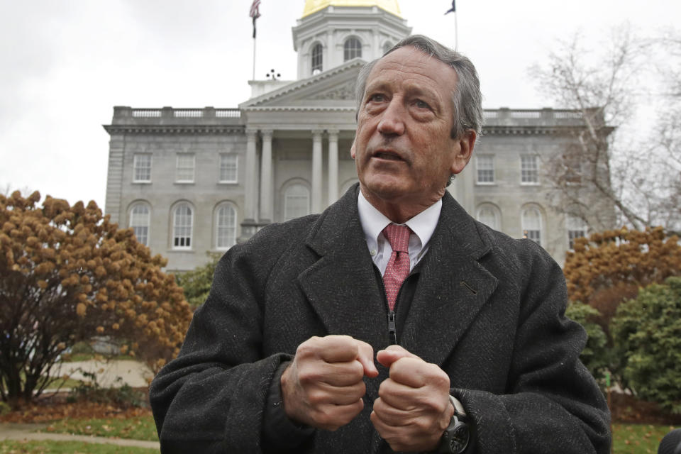 Republican presidential candidate former South Carolina Gov. Mark Sanford speaks during a news conference in front of the Statehouse, Tuesday, Nov. 12, 2019, in Concord, N.H., where he announced he is ending his longshot 2020 presidential bid. Sanford centered his Republican primary challenge to President Donald Trump on warnings about the national debt. But he struggled to gain traction since announcing his run in September. (AP Photo/Elise Amendola)