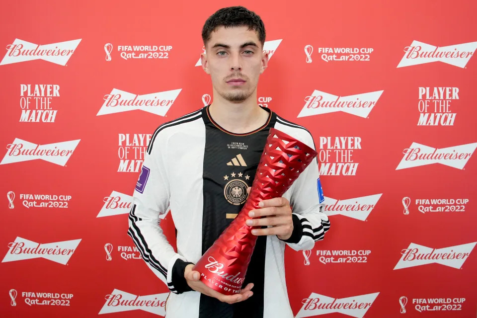 AL KHOR, QATAR - DECEMBER 01: Kai Havertz of Germany poses with the Budweiser Player of the Match Trophy following  the FIFA World Cup Qatar 2022 Group E match between Costa Rica and Germany at Al Bayt Stadium on December 01, 2022 in Al Khor, Qatar. (Photo by Alex Caparros - FIFA/FIFA via Getty Images)