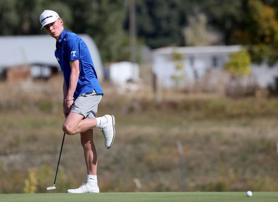 Timpview’s Mo Lecheminant competes in the 5A boys state golf championship at Fox Hollow Golf Club in American Fork on Tuesday, Oct. 10, 2023. | Kristin Murphy, Deseret News