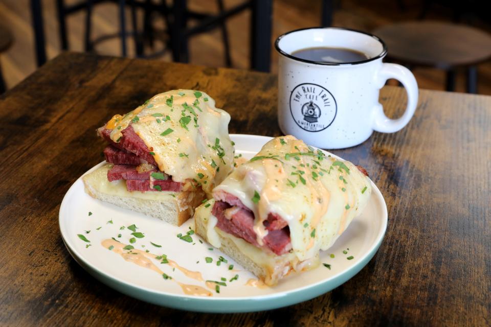 The Mount Reuben with beer-braised corned beef on sourdough toast topped with kraut, melted Swiss and Thousand Island dressing at Rail Trail Cafe & Mercantile in Blauvelt.