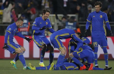 Football Soccer - FC Rostov v FC Bayern Munich - UEFA Champions League Group Stage - Group D - Olimp 2 Stadium, Rostov-on-Don, Russia - 23/11/16. FC Rostov's Christian Noboa celebrates with his team mates after scoring a goal. REUTERS/Maxim Shemetov