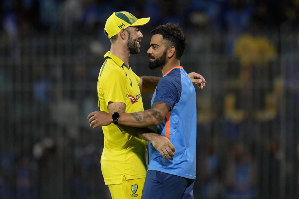 India's Virat Kohli, right, greets Australia's Glenn Maxwell after Australian won the third and last one day international cricket match against India in Chennai, India, Wednesday, March 22, 2023. Australia won the series 2-1. (AP Photo/Aijaz Rahi)
