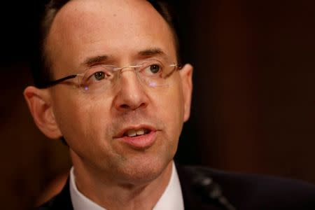 FILE PHOTO: Rod Rosenstein, nominee to be Deputy Attorney General, testifies before the Senate Judiciary Committee on Capitol Hill in Washington March 7, 2017. REUTERS/Aaron P. Bernstein/File Photo