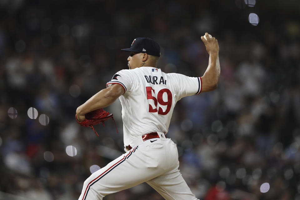 Minnesota Twins pitcher Jhoan Duran throws to an Arizona Diamondback batter during the ninth inning of a baseball game Friday, Aug. 4, 2023, in Minneapolis. (AP Photo/Stacy Bengs)