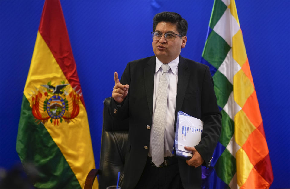 FILE - Bolivian Finance Minister Marcelo Montenegro speaks during a press conference in La Paz, Bolivia, Feb. 20, 2024. With prices surging, dollars scarce and lines snaking away from fuel-strapped gas stations, protests in Bolivia have intensified over the economy's precipitous decline. Seeking to ease investor fears, Montenegro denies there is any crisis. (AP Photo/Juan Karita, File)