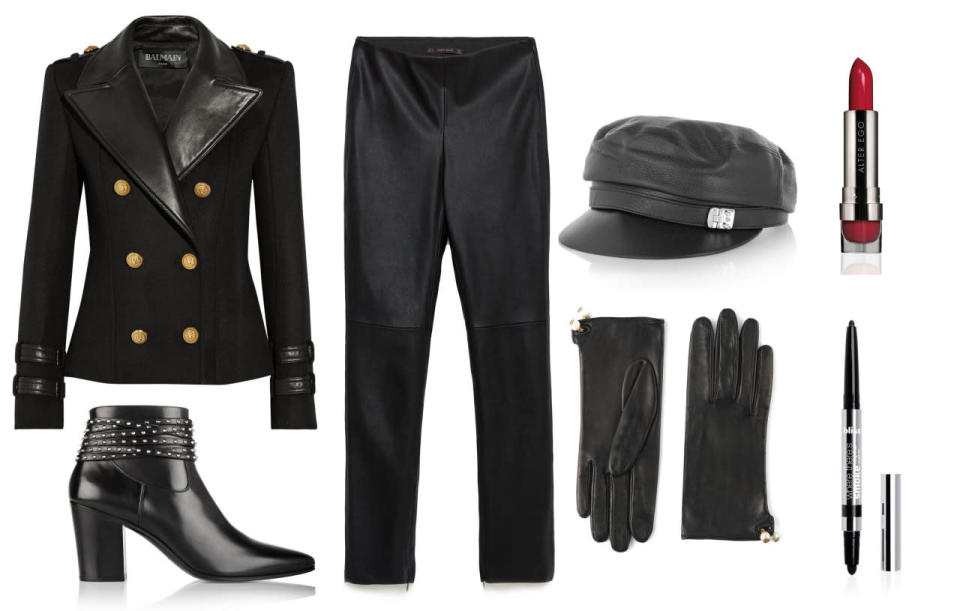 A gold-button blazer with all black accessories is the perfect update to Onatopp’s military-inspired look.