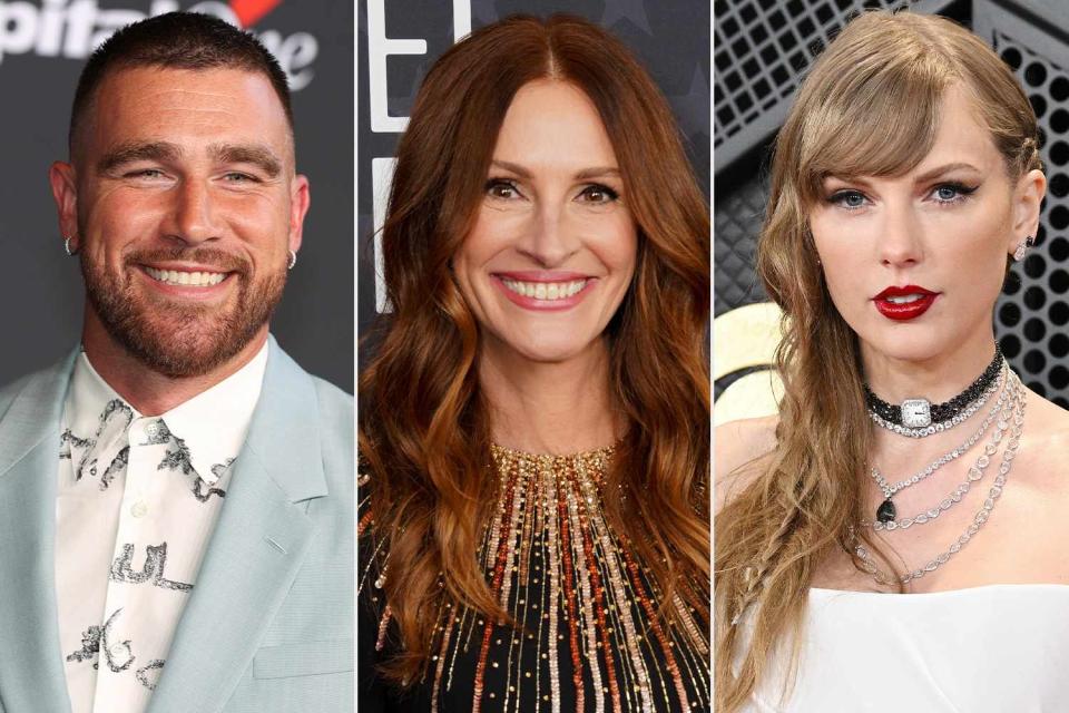 <p>Getty(3)</p> Travis Kelce, Julia Roberts and Taylor Swift