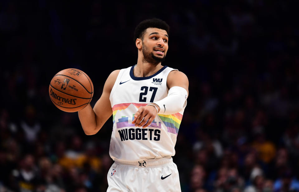 Apr 10, 2019; Denver, CO, USA; Denver Nuggets guard Jamal Murray (27) provides direction in the second quarter against the Minnesota Timberwolves at the Pepsi Center. Mandatory Credit: Ron Chenoy-USA TODAY Sports