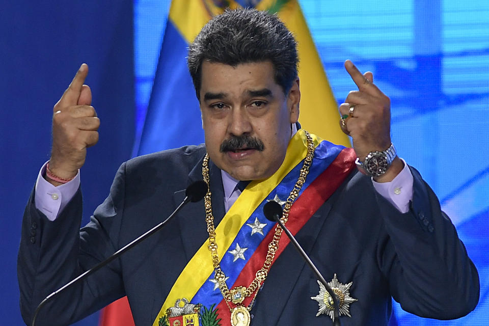 FILE - Venezuelan President Nicolas Maduro speaks during a ceremony marking the start of the judicial year at the Supreme Court in Caracas, Venezuela, Jan. 22, 2021. In a calm if desperate-sounding voice Eyvin Hernandez, a Los Angeles attorney detained for months in Venezuela, said in a Aug. 21, 2022 recording provided to The Associated Press, that he and other Americans imprisoned in Venezuela — at least 10, including five oil executives and three veterans — all feel "like our government has abandoned us." (AP Photo/Matias Delacroix, File)