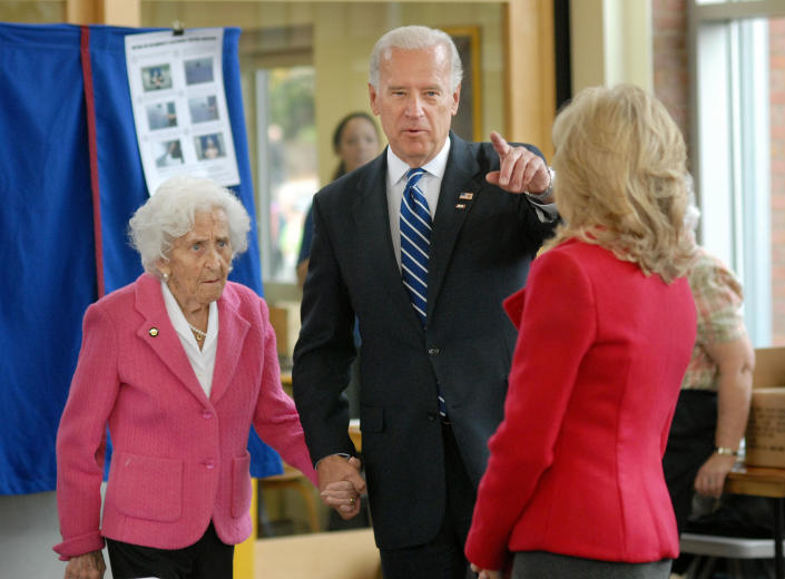 GREENVILLE, DE - NOVEMBER 4:  Democratic Vice Presidential candidate Sen. Joe Biden (D-De.) greets supporters along with wife Jill  and his mother Jean Biden after voting at The Tatnall School November 4, 2008 in Greenville, Delaware. Voting is underway in the U.S. presidential elections with Democratic presidential nominee Sen. Barack Obama (D-IL) leading in the polls against the Republican presidential nominee Sen. John McCain (R-AZ).  (Photo by William Thomas Cain/Getty Images)