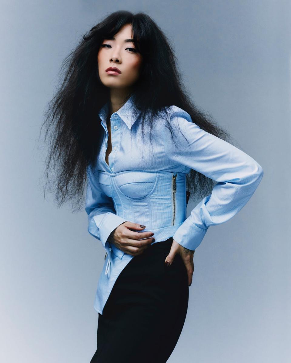 Rina Sawayama by Ethan Hart for ES Magazine | FENDI shirt,  £850; corset  top, £1,350  (fendi.com).  SPORTMAX  skirt, £295  (sportmax.com) (Rina Sawayama by Ethan Hart for ES Magazine)