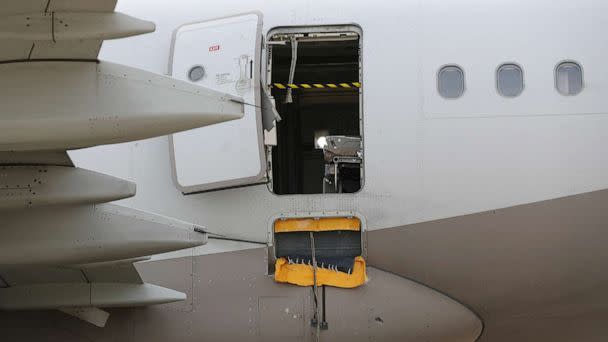 PHOTO: The Asiana Airlines' Airbus A321 plane where a passenger opened a door on a flight shortly before the aircraft landed, at an airport in Daegu, South Korea, May 26, 2023. (Yonhap News Agency via Reuters)