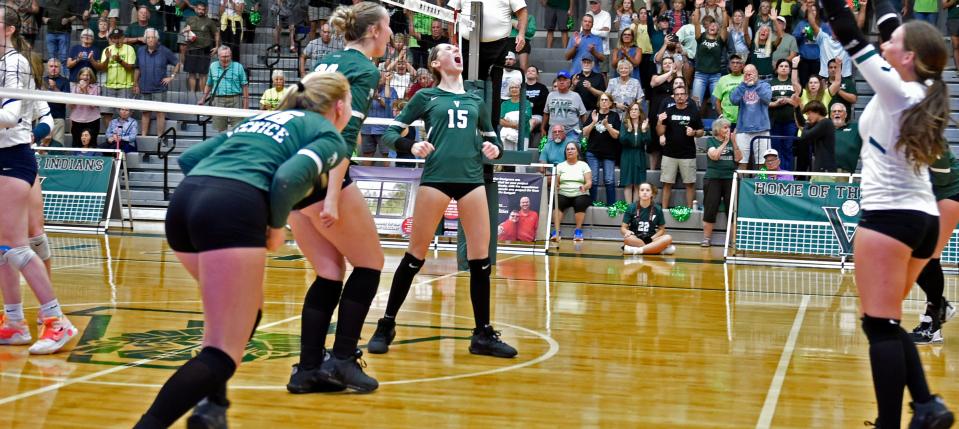 Venice's setter Ava Wallingsford #15 lets out a loud roar as her team wins the third straight game to send Newsome packing. Venice High volleyball team took a 3-0 sweep over Newsome High in the Class 7A-Region 3 quarterfinal 25-14, 25-6, 25-11 at the Venice Teepee, Wednesday night, Oct. 24, 2023.