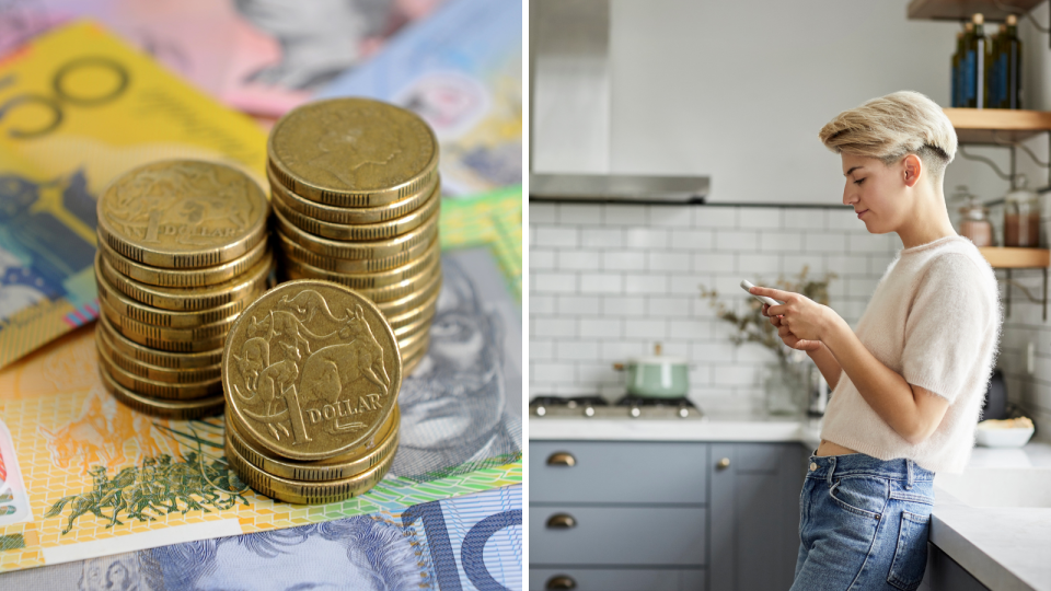 A composite image of Australian currency and a woman looking at her phone to represent the cost-of-living pressures single Aussies face.