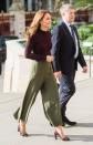 <p><em>October 9, 2019 — </em>Someone seems to be embracing the comeback of wide-legged pant<em>s</em>! Here, Kate pairs a plum, scalloped sweater with flowing <a href="https://www.amazon.com/NY-Collection-Pull-Culotte-Pants/dp/B07BH7GKX6/" rel="nofollow noopener" target="_blank" data-ylk="slk:olive culottes like these;elm:context_link;itc:0;sec:content-canvas" class="link ">olive culottes like these</a>.</p>