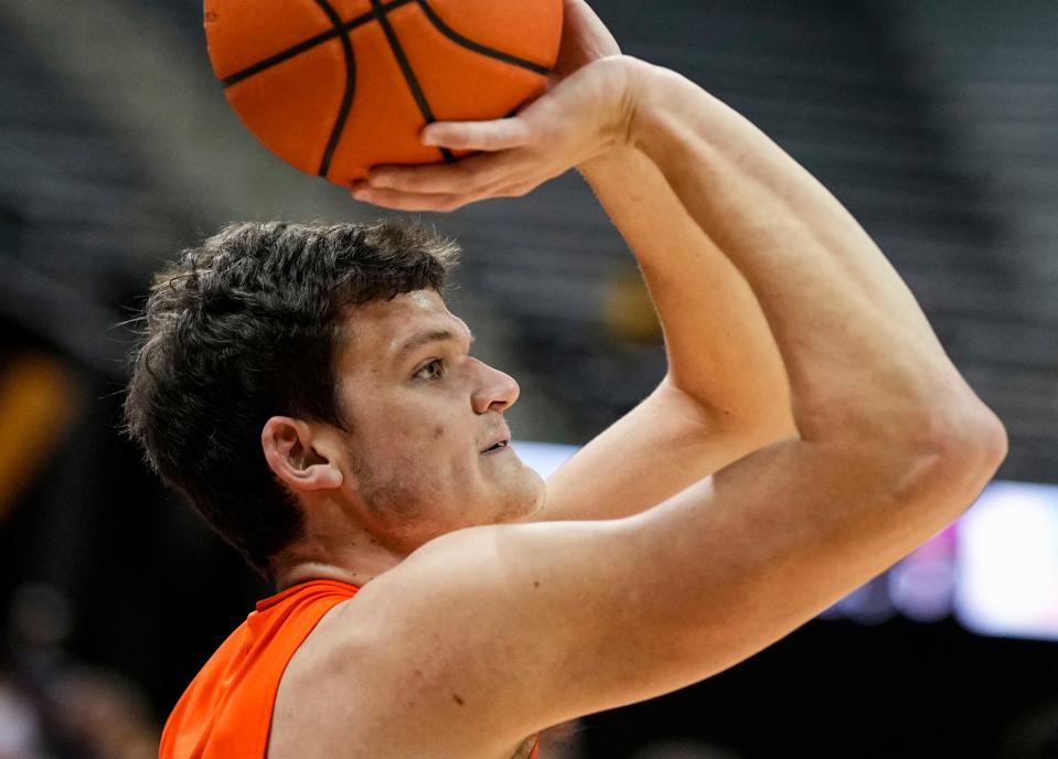 Jan 25, 2022; Columbia, Missouri, USA; Auburn Tigers forward Walker Kessler (13) warms up before the game against the Missouri Tigers at Mizzou Arena. Mandatory Credit: Jay Biggerstaff-USA TODAY Sports